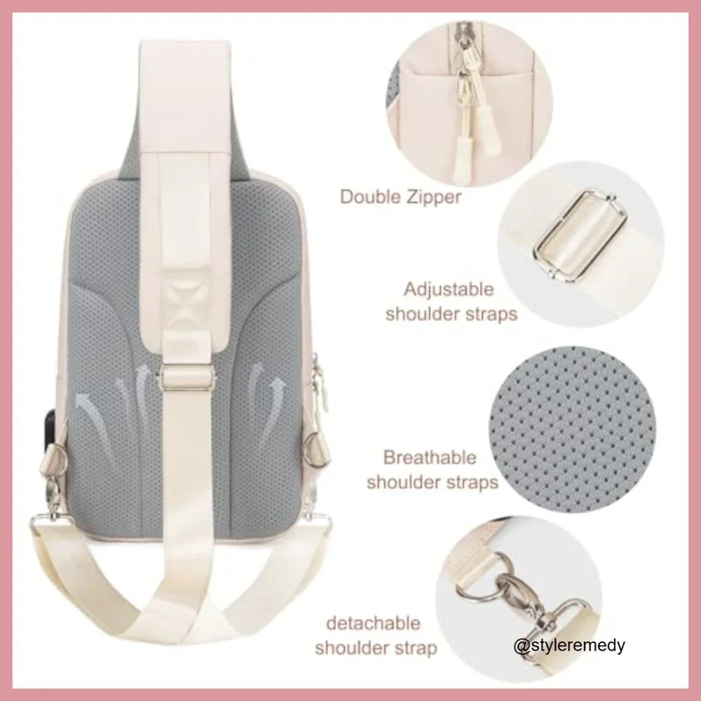 PU Leather Sling Bag with USB Charging Port, Adjustable Strap